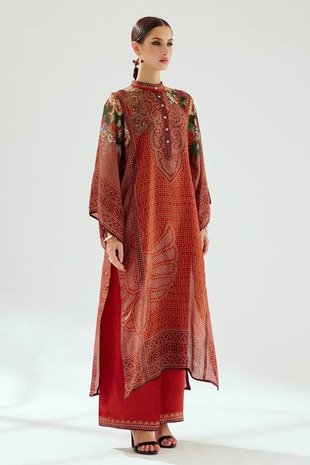 Buy Rajdeep Ranawat Orange Satin Paloma Geometric Print Hem Pant Online at Aza Fashions Buy_Rajdeep Ranawat_Orange Satin Paloma Geometric Print Hem Pant_Online_at_Aza_Fashions