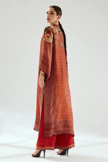 Shop Rajdeep Ranawat Orange Satin Paloma Geometric Print Hem Pant Online at Aza Fashions Shop_Rajdeep Ranawat_Orange Satin Paloma Geometric Print Hem Pant_Online_at_Aza_Fashions