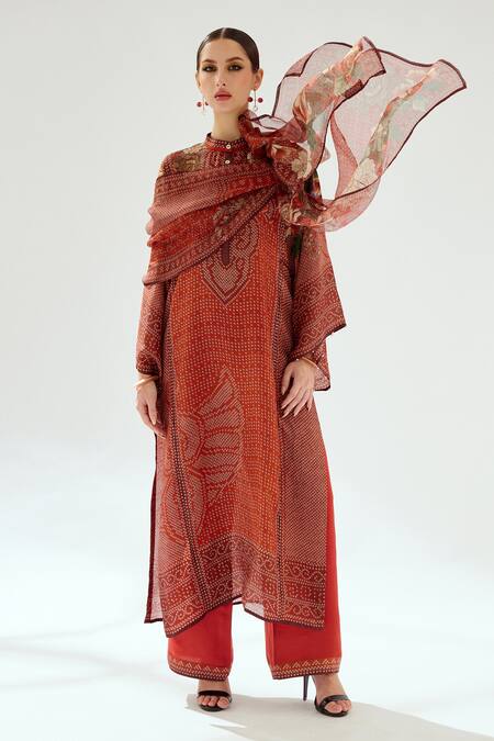 Shop Rajdeep Ranawat Orange Silk Beads Bandeau Neck Gayatri Geometric Pattern Tunic Online at Aza Fashions Shop_Rajdeep Ranawat_Orange Silk Beads Bandeau Neck Gayatri Geometric Pattern Tunic_Online_at_Aza_Fashions