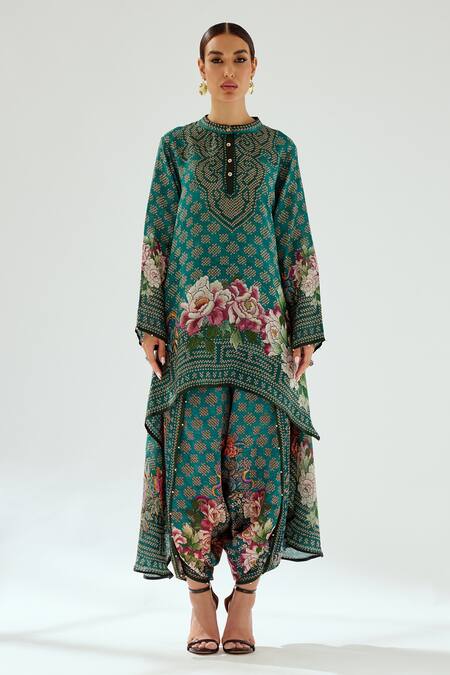 Rajdeep Ranawat_Green Satin Beads Sonth Printed Dhoti Pant_Online_at_Aza_Fashions