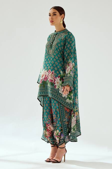 Buy_Rajdeep Ranawat_Green Satin Beads Sonth Printed Dhoti Pant_Online_at_Aza_Fashions