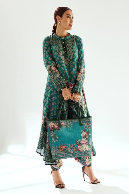 Rajdeep Ranawat_Green Satin Beads Sonth Printed Dhoti Pant_at_Aza_Fashions