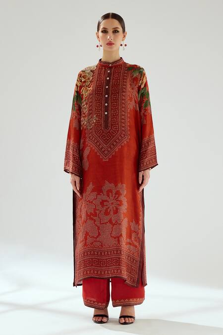 Rajdeep Ranawat_Orange Silk Embroidery Bandeau Neck Ramin Printed Kurta_Online_at_Aza_Fashions