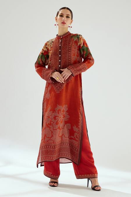 Buy_Rajdeep Ranawat_Orange Silk Embroidery Bandeau Neck Ramin Printed Kurta_Online_at_Aza_Fashions