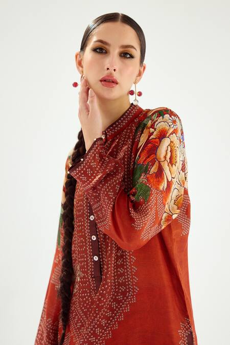Shop_Rajdeep Ranawat_Orange Silk Embroidery Bandeau Neck Ramin Printed Kurta_Online_at_Aza_Fashions