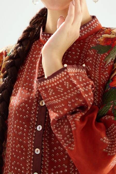 Rajdeep Ranawat_Orange Silk Embroidery Bandeau Neck Ramin Printed Kurta_at_Aza_Fashions