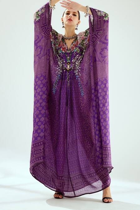 Rajdeep Ranawat_Purple Silk V-neck Imama Jewelled Waist Kaftan_Online_at_Aza_Fashions
