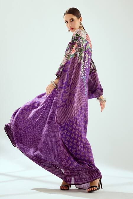 Buy_Rajdeep Ranawat_Purple Silk V-neck Imama Jewelled Waist Kaftan_Online_at_Aza_Fashions