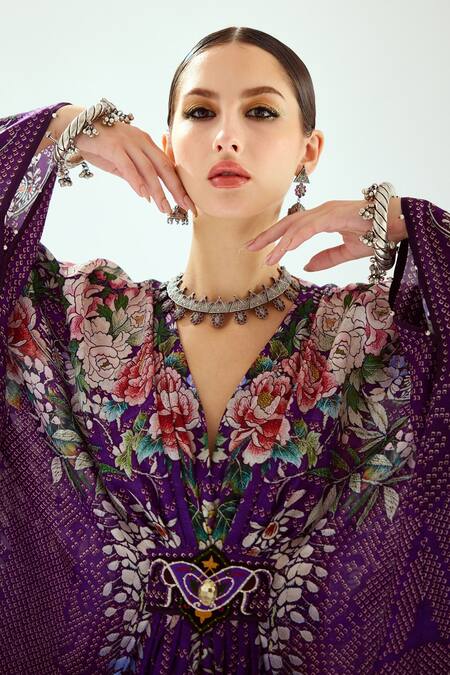 Shop_Rajdeep Ranawat_Purple Silk V-neck Imama Jewelled Waist Kaftan_Online_at_Aza_Fashions
