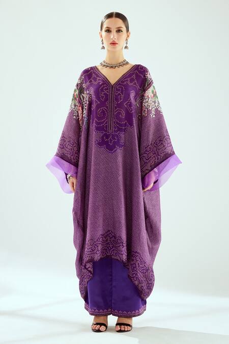Rajdeep Ranawat_Purple Silk Embroidery V-neck Olivia Kaftan Tunic_Online_at_Aza_Fashions