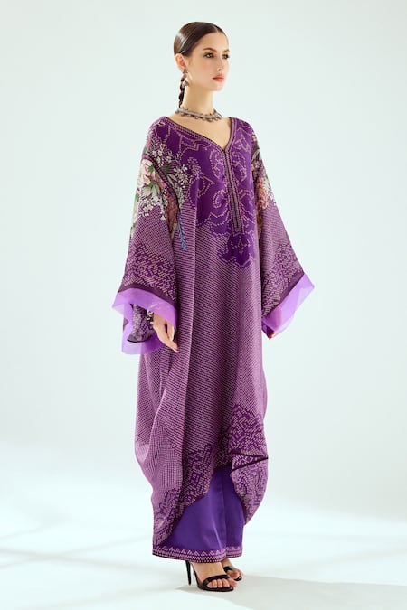 Buy_Rajdeep Ranawat_Purple Silk Embroidery V-neck Olivia Kaftan Tunic_Online_at_Aza_Fashions