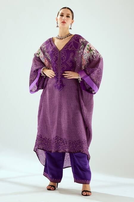 Shop_Rajdeep Ranawat_Purple Silk Embroidery V-neck Olivia Kaftan Tunic_Online_at_Aza_Fashions