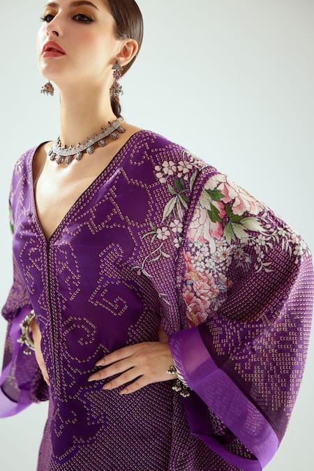 Rajdeep Ranawat_Purple Silk Embroidery V-neck Olivia Kaftan Tunic_at_Aza_Fashions