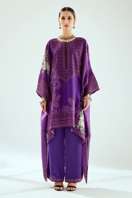 Rajdeep Ranawat_Purple Silk Round Neck Hibika Printed Kaftan Tunic_Online_at_Aza_Fashions