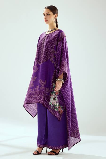 Shop Rajdeep Ranawat Purple Satin Paloma Geometric Print Hem Pant Online at Aza Fashions Shop_Rajdeep Ranawat_Purple Satin Paloma Geometric Print Hem Pant_Online_at_Aza_Fashions