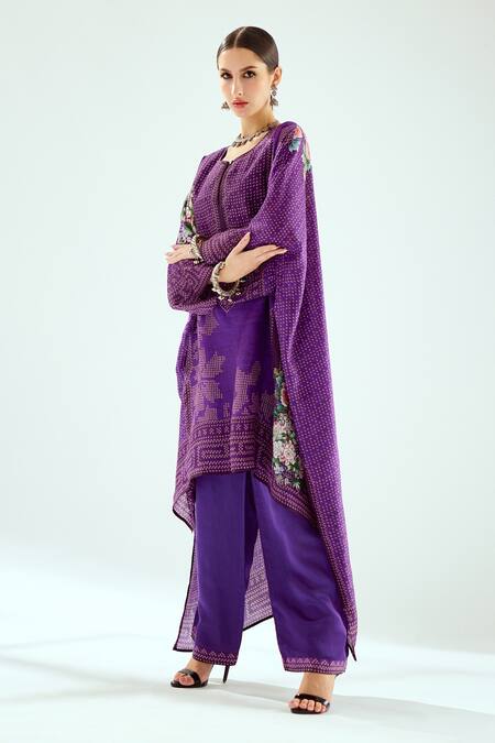 Buy_Rajdeep Ranawat_Purple Silk Round Neck Hibika Printed Kaftan Tunic_Online_at_Aza_Fashions