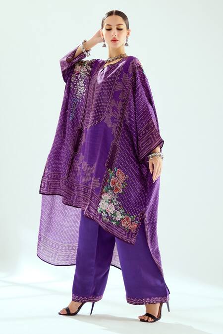 Shop_Rajdeep Ranawat_Purple Silk Round Neck Hibika Printed Kaftan Tunic_Online_at_Aza_Fashions