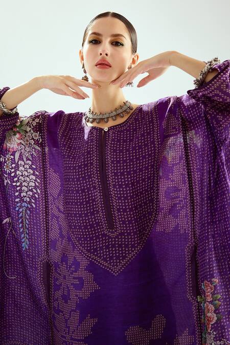 Rajdeep Ranawat_Purple Silk Round Neck Hibika Printed Kaftan Tunic_at_Aza_Fashions