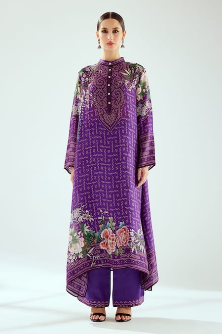 Rajdeep Ranawat_Purple Silk Beads Bandeau Neck Zeynep Printed Long Tunic_Online_at_Aza_Fashions