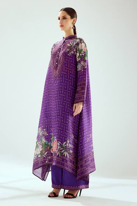 Buy_Rajdeep Ranawat_Purple Silk Beads Bandeau Neck Zeynep Printed Long Tunic_Online_at_Aza_Fashions
