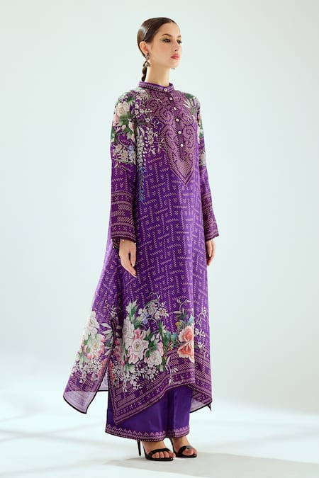 Shop_Rajdeep Ranawat_Purple Silk Beads Bandeau Neck Zeynep Printed Long Tunic_Online_at_Aza_Fashions