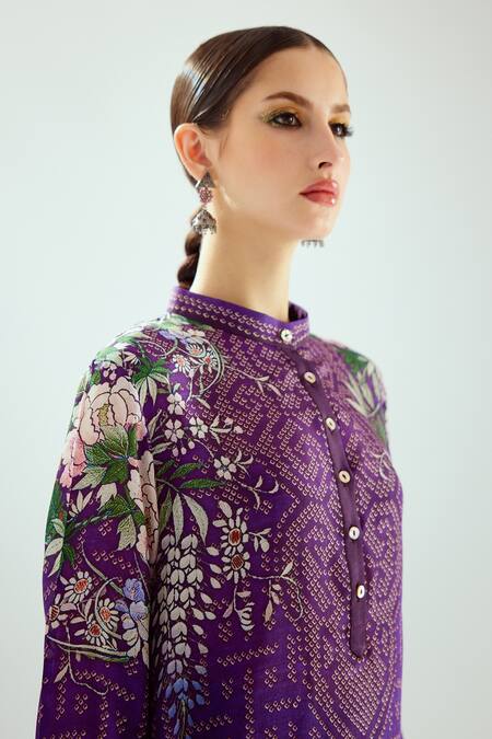Rajdeep Ranawat_Purple Silk Beads Bandeau Neck Zeynep Printed Long Tunic_at_Aza_Fashions