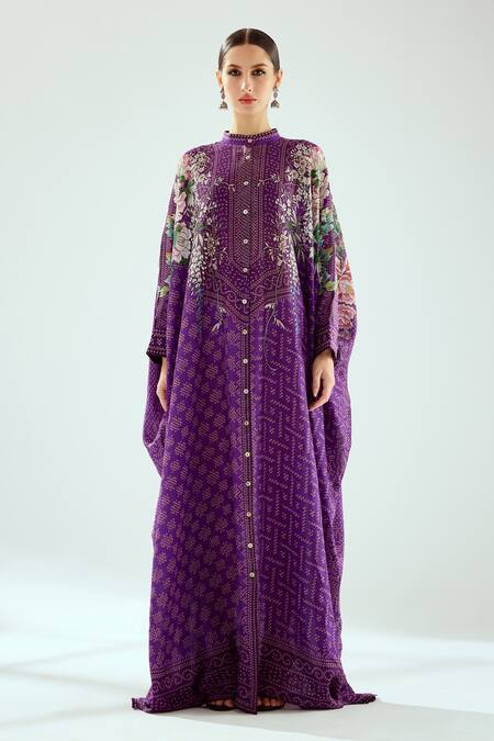 Rajdeep Ranawat_Purple Silk Beads Bandeau Neck Dakota Floral Pattern Kaftan _Online_at_Aza_Fashions