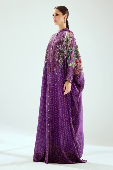 Buy_Rajdeep Ranawat_Purple Silk Beads Bandeau Neck Dakota Floral Pattern Kaftan _Online_at_Aza_Fashions