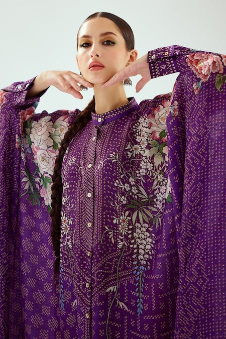 Shop_Rajdeep Ranawat_Purple Silk Beads Bandeau Neck Dakota Floral Pattern Kaftan _Online_at_Aza_Fashions