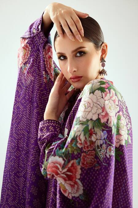 Rajdeep Ranawat_Purple Silk Beads Bandeau Neck Dakota Floral Pattern Kaftan _at_Aza_Fashions