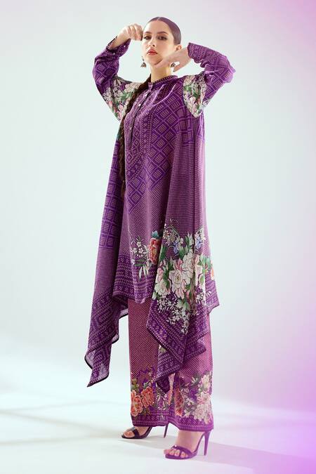 Shop_Rajdeep Ranawat_Purple Silk Bandeau Neck Navya Draped Tunic_Online_at_Aza_Fashions