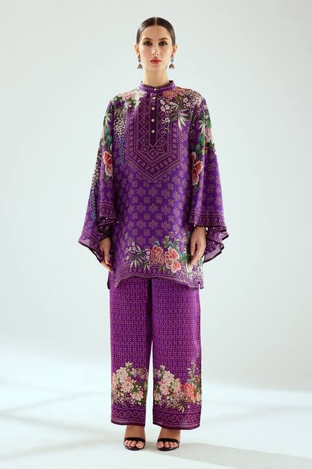 Rajdeep Ranawat_Purple Silk Printed Geometric Round Band Collar Nylla Tunic  _Online_at_Aza_Fashions