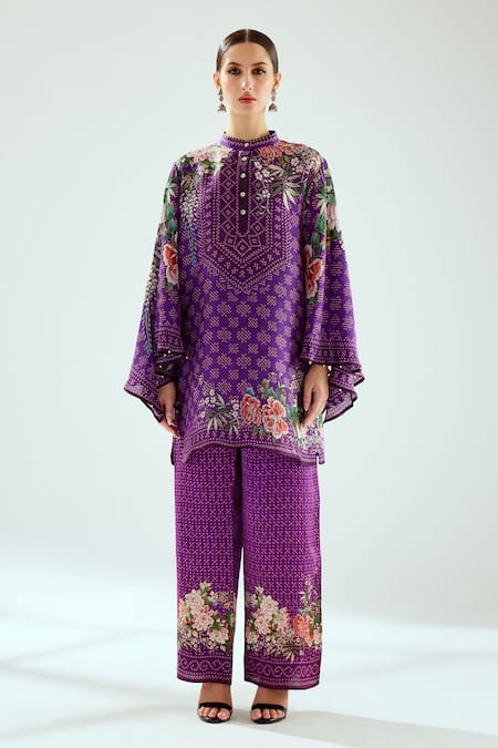 Rajdeep Ranawat_Purple Satin Permaz Printed Pant_Online_at_Aza_Fashions