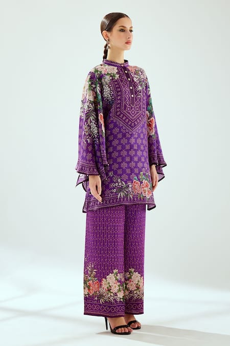 Shop_Rajdeep Ranawat_Purple Satin Permaz Printed Pant_Online_at_Aza_Fashions