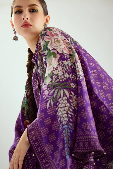 Shop_Rajdeep Ranawat_Purple Silk Printed Geometric Round Band Collar Nylla Tunic  _Online_at_Aza_Fashions