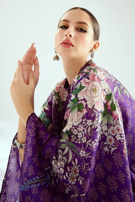 Rajdeep Ranawat_Purple Silk Printed Geometric Round Band Collar Nylla Tunic  _at_Aza_Fashions