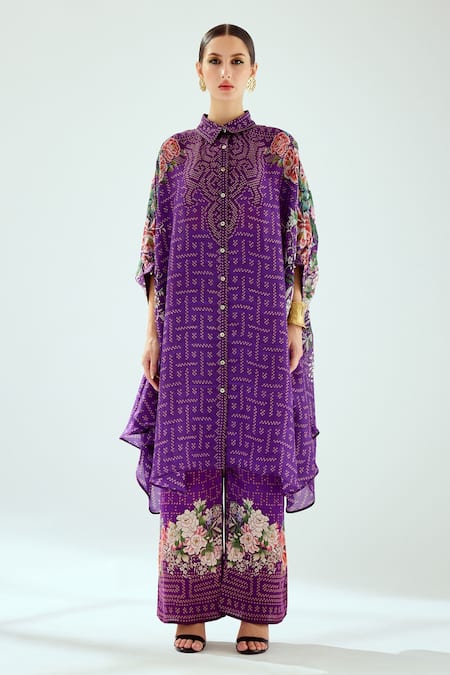 Rajdeep Ranawat_Purple Silk Tassels Collared Kamara Floral Pattern Shirt Tunic_Online_at_Aza_Fashions