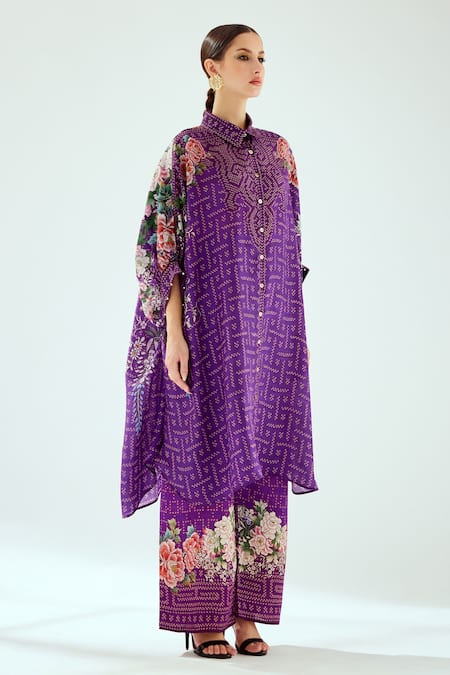 Buy_Rajdeep Ranawat_Purple Silk Tassels Collared Kamara Floral Pattern Shirt Tunic_Online_at_Aza_Fashions