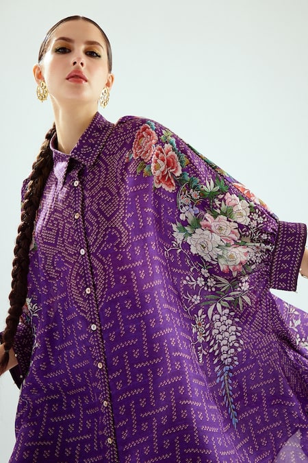 Shop_Rajdeep Ranawat_Purple Silk Tassels Collared Kamara Floral Pattern Shirt Tunic_Online_at_Aza_Fashions