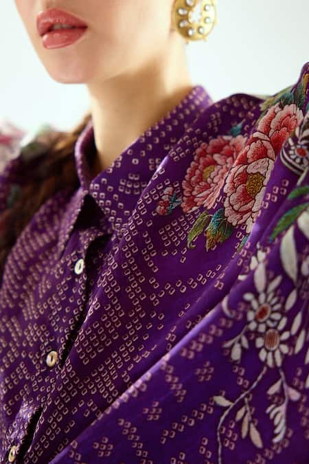 Rajdeep Ranawat_Purple Silk Tassels Collared Kamara Floral Pattern Shirt Tunic_at_Aza_Fashions