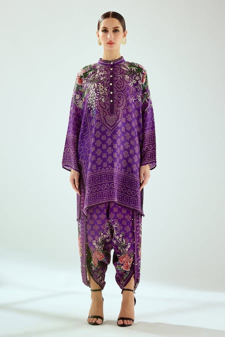 Rajdeep Ranawat_Purple Satin Beads Mandarin Collar Reza Printed Tunic_Online_at_Aza_Fashions