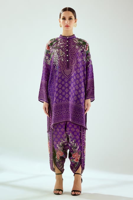Rajdeep Ranawat_Purple Satin Printed Floral Sonth Dhoti Pant  _Online_at_Aza_Fashions