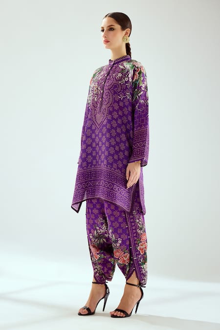 Buy_Rajdeep Ranawat_Purple Satin Printed Floral Sonth Dhoti Pant  _Online_at_Aza_Fashions