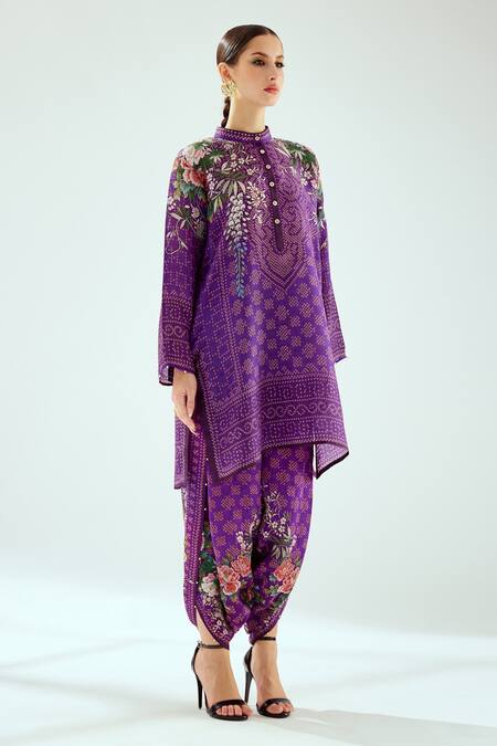 Buy_Rajdeep Ranawat_Purple Satin Beads Mandarin Collar Reza Printed Tunic_Online_at_Aza_Fashions