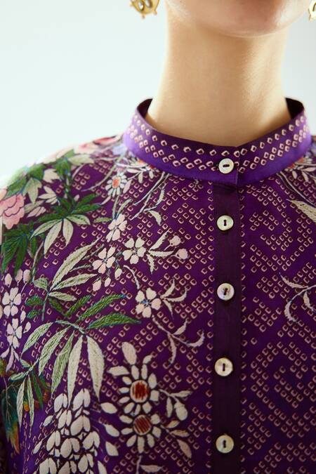 Shop_Rajdeep Ranawat_Purple Satin Beads Mandarin Collar Reza Printed Tunic_Online_at_Aza_Fashions