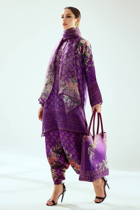 Rajdeep Ranawat_Purple Satin Printed Floral Sonth Dhoti Pant  _at_Aza_Fashions