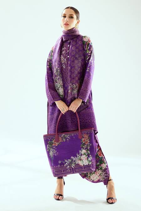 Rajdeep Ranawat_Purple Satin Beads Mandarin Collar Reza Printed Tunic_at_Aza_Fashions