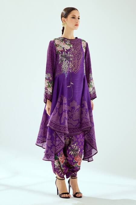 Shop Rajdeep Ranawat Purple Silk Embroidery Round Neck Aamilah Floral And Geometric Pattern Tunic Online at Aza Fashions Shop_Rajdeep Ranawat_Purple Silk Embroidery Round Neck Aamilah Floral And Geometric Pattern Tunic_Online_at_Aza_Fashions