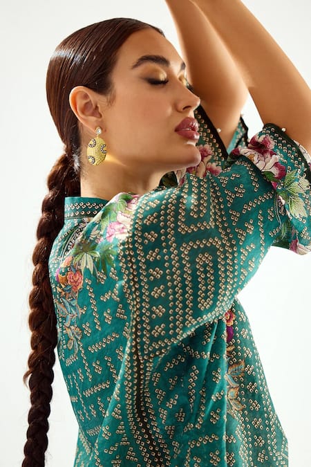 Shop Rajdeep Ranawat Green Silk Beads Round Neck Ghazala Floral And Geometric Pattern Tunic Online at Aza Fashions Shop_Rajdeep Ranawat_Green Silk Beads Round Neck Ghazala Floral And Geometric Pattern Tunic_Online_at_Aza_Fashions