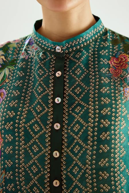 Rajdeep Ranawat Green Silk Beads Round Neck Ghazala Floral And Geometric Pattern Tunic at Aza Fashions Rajdeep Ranawat_Green Silk Beads Round Neck Ghazala Floral And Geometric Pattern Tunic_at_Aza_Fashions